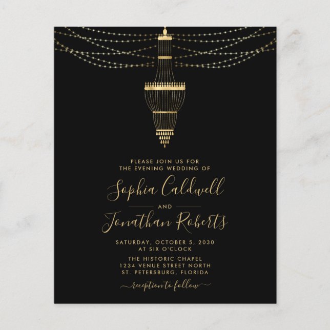Budget All in One Gold Chandelier Wedding Invite (Front)
