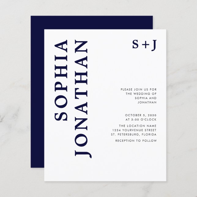 Budget All in One Navy Blue Wedding Invitation (Front/Back)