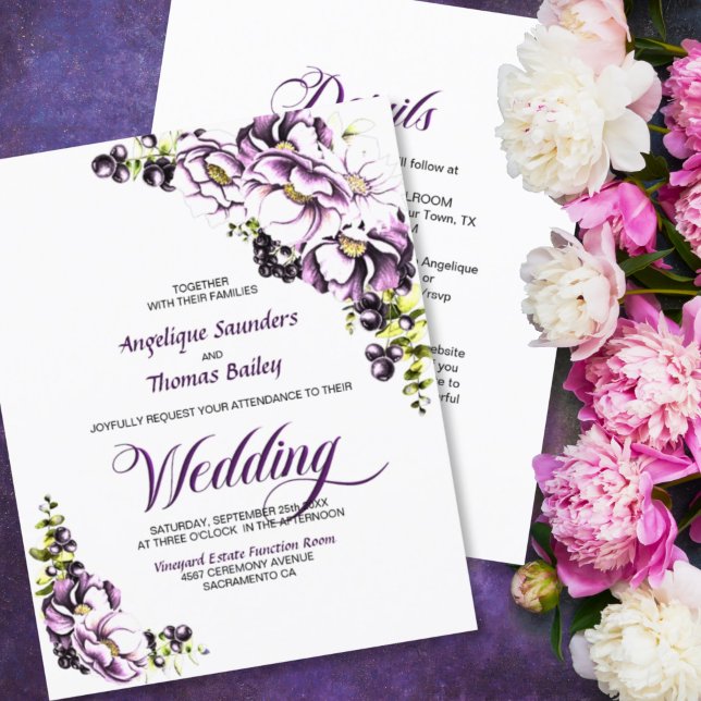 Budget All In One Purple Floral Wedding Invitation (Creator Uploaded)