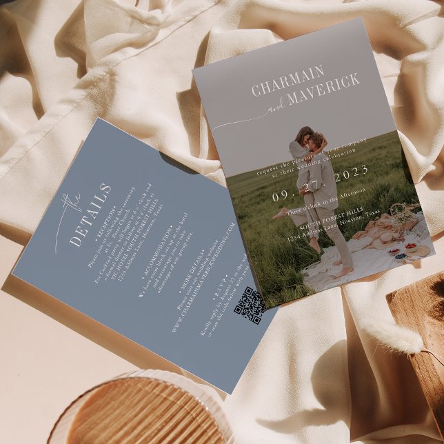 Budget all in one + QR code Dusty Blue Wedding Invitation (Creator Uploaded)