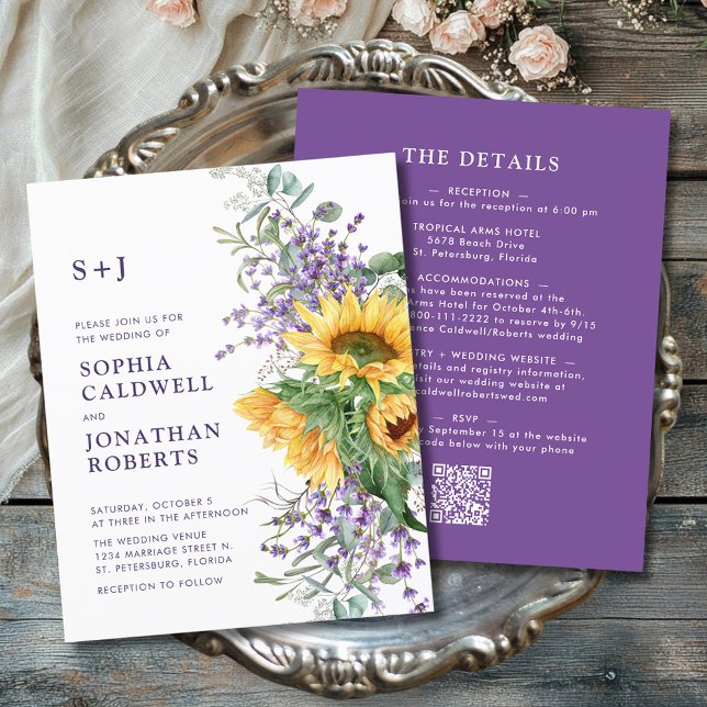 Budget All in One Sunflower Lavender Wedding (Budget All in One Sunflower and Lavender Monogram Wedding Invitation)
