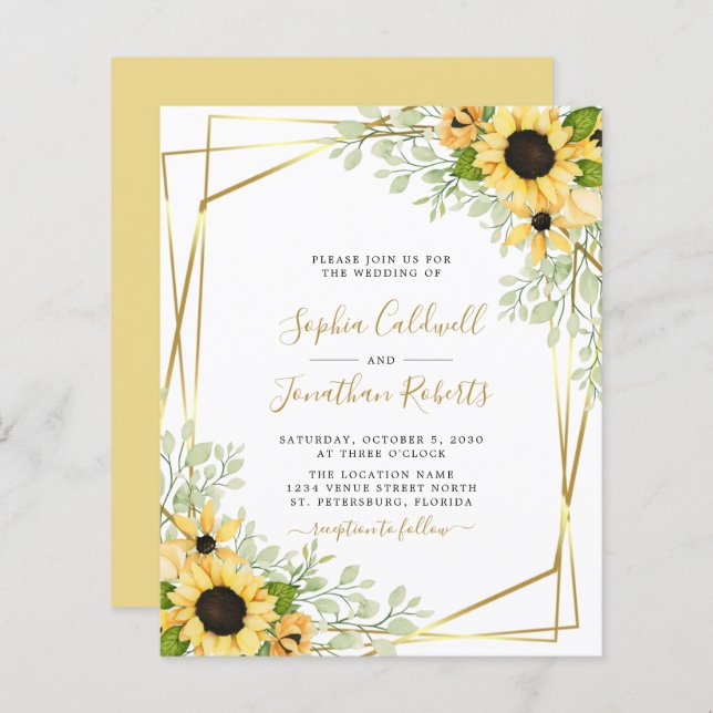 Budget All in One Sunflowers Gold Wedding Invite (Front/Back)