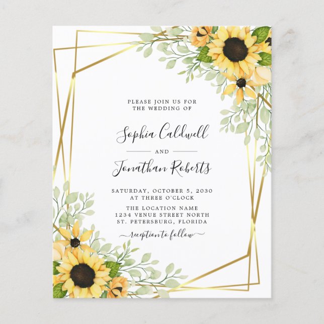 Budget All in One Sunflowers Gold Wedding Invite (Front)