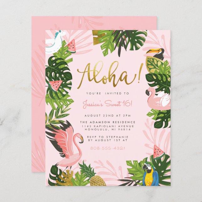 Budget Aloha Hawaii Tropical Gold Birthday Party (Front/Back)