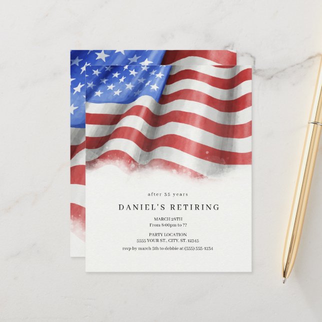 Budget American Flag Retirement Party Invitations (Front/Back In Situ)