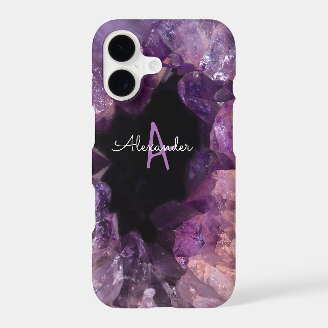 Budget Amethyst Crystal Agate Monogrammed Pink iPhone Case (Back)