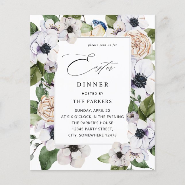 Budget Anemone White Floral Easter Dinner Flyer (Front)