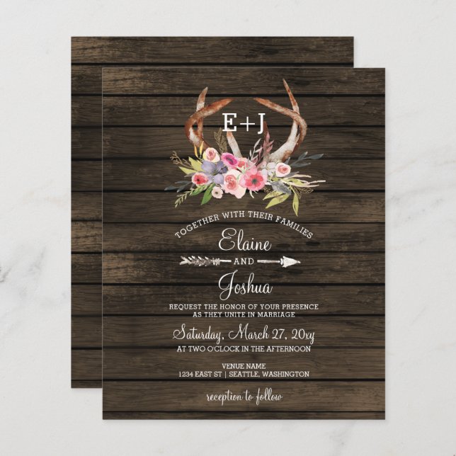 Budget Antlers Country Chic Wedding Invitations (Front/Back)