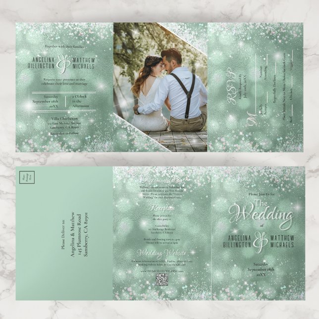 Budget Aqua Glitter Photo All in One Wedding Tri-Fold Invitation (Creator Uploaded)