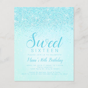Budget Aqua Glitter, Sweet 16 Invitations
