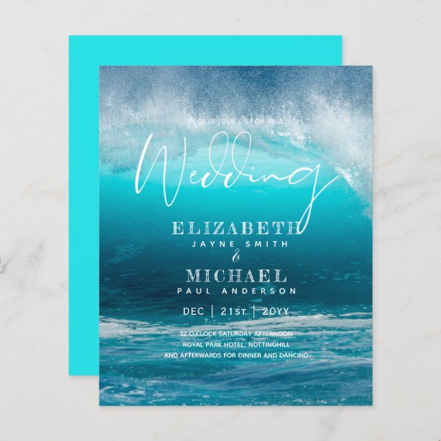 BUDGET Aqua Ocean Wedding Invite Beach Destination (Front/Back)