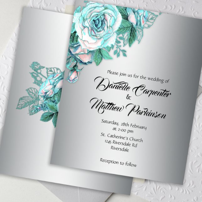 Budget Aqua Roses on Elegant Silver Wedding Invite Flyer (Creator Uploaded)