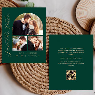 Budget Arch 3-Photo Green QR Code Save the Date