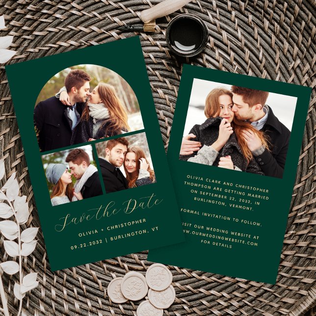 Budget Arch 4-Photo Collage Green Save the Date (Creator Uploaded)