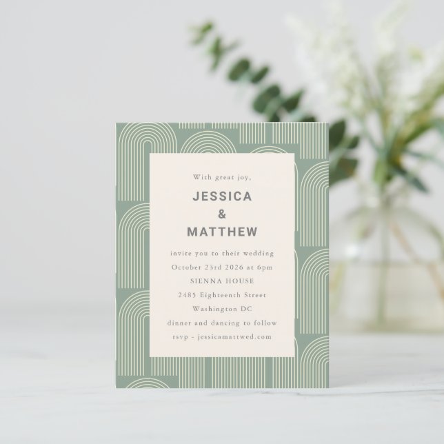 Budget Arch Line Art Sage Green Wedding Invitation (Standing Front)
