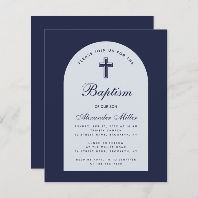 Budget Arch Navy Blue Boy Baptism Invitation (Front/Back)