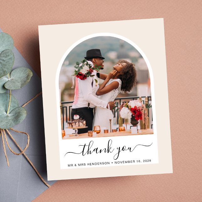 Budget Arched Photo Cream Wedding Thank You Card (Celebrate your love story with a thank you card showcasing your photo in an elegant arch frame)