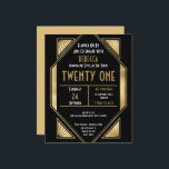 Budget Art Deco 21st Birthday Gold Black Invite<br><div class="desc">Budget Art Deco 21st Birthday Gold Black Invite. A budget price SMALLER 4.5” x 5.6” alternative. Available in a SEMI-GLOSS 110 lb CARD STOCK which is the default option (thicker for invitations), OR a SATIN FINISH 80 lb THINNER PAPER STOCK (ideal for enclosures). Envelopes are an optional extra and are...</div>