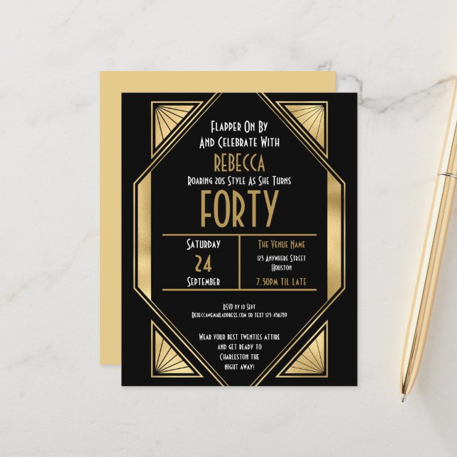 Budget Art Deco 40th Birthday Gold Black Invite (Front/Back In Situ)