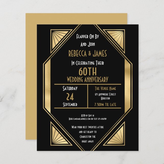 Budget Art Deco 60th Wedding Anniversary Invite (Front/Back)