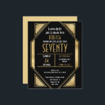 Budget Art Deco 70th Birthday Gold Black Invite<br><div class="desc">Art Deco 70th Birthday Gold Black. A budget price SMALLER 4.5” x 5.6” alternative. Available in a SEMI-GLOSS 110 lb CARD STOCK which is the default option (thicker for invitations), OR a SATIN FINISH 80 lb THINNER PAPER STOCK (ideal for enclosures). Envelopes are an optional extra and are slightly larger...</div>