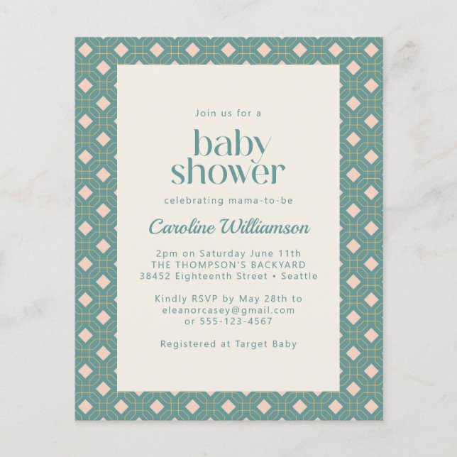 Budget Art Deco Geometric Teal Pink Baby Shower (Front)