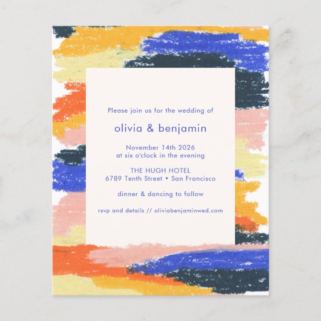 Budget Artsy Abstract Blue Fun Wedding Invitation (Front)