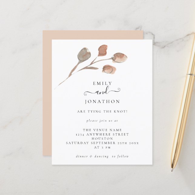 Budget Artsy Leaves Wedding Script Invitation (Front/Back In Situ)