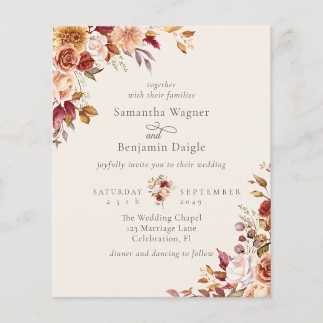 Budget Autumn Fall Floral Ivory Wedding Invitation (Front)