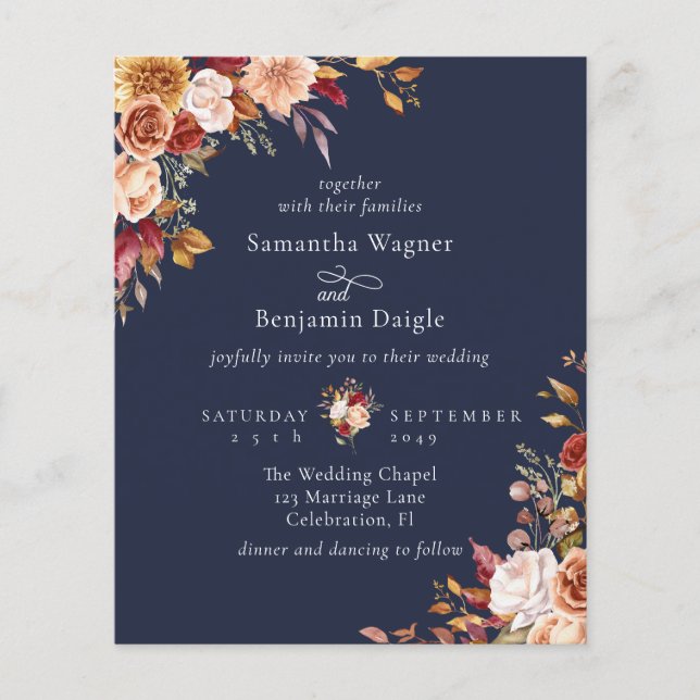 Budget Autumn Fall Floral Navy Blue Wedding (Front)