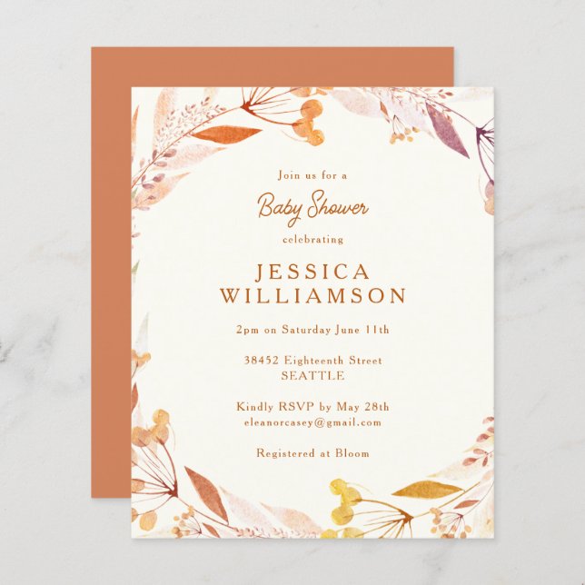 Budget Autumn Floral Boho Baby Shower Invitation (Front/Back)