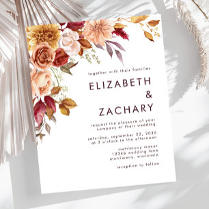 Budget Autumn Floral Burgundy Wedding Invitation