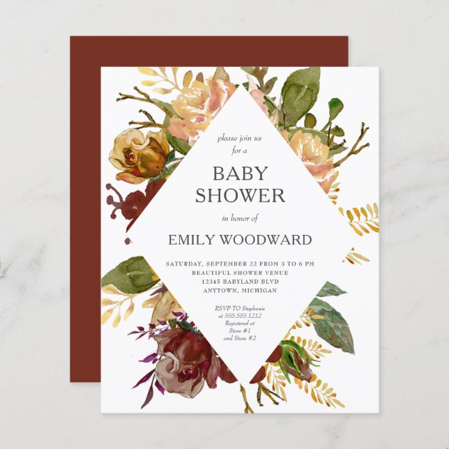 Budget Autumn Floral Frame Baby Shower Invitation (Front/Back)