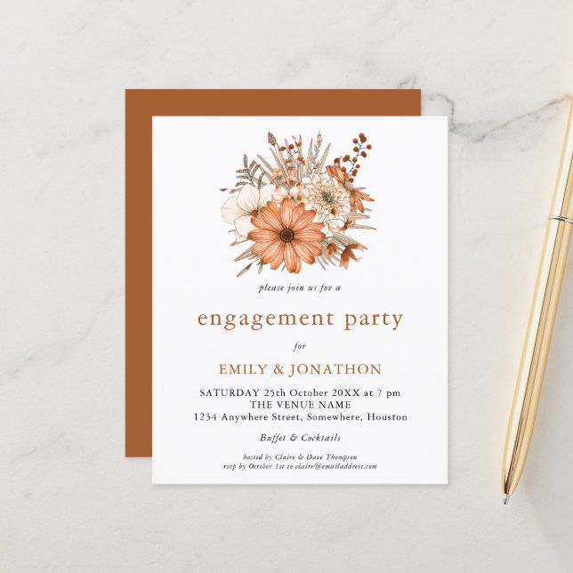 Budget Autumn Florals Engagement Party Invitation (Front/Back In Situ)
