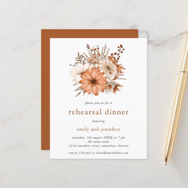 Budget Autumn Florals Rehearsal Dinner Invitation (Front/Back In Situ)