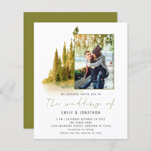 Budget Autumn Forest Photo QR Olive Wedding Invite (Front/Back)