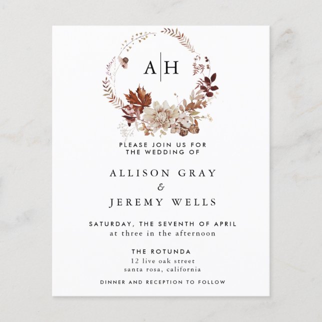 Budget Autumn Monogram Wedding Invitation Flyer (Front)