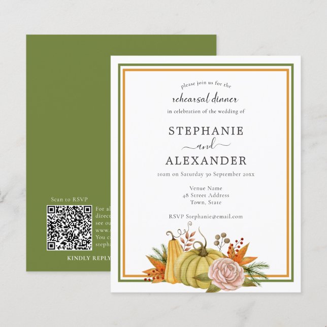 Budget Autumn Pumpkin Wedding Rehearsal QR Invite (Front/Back)
