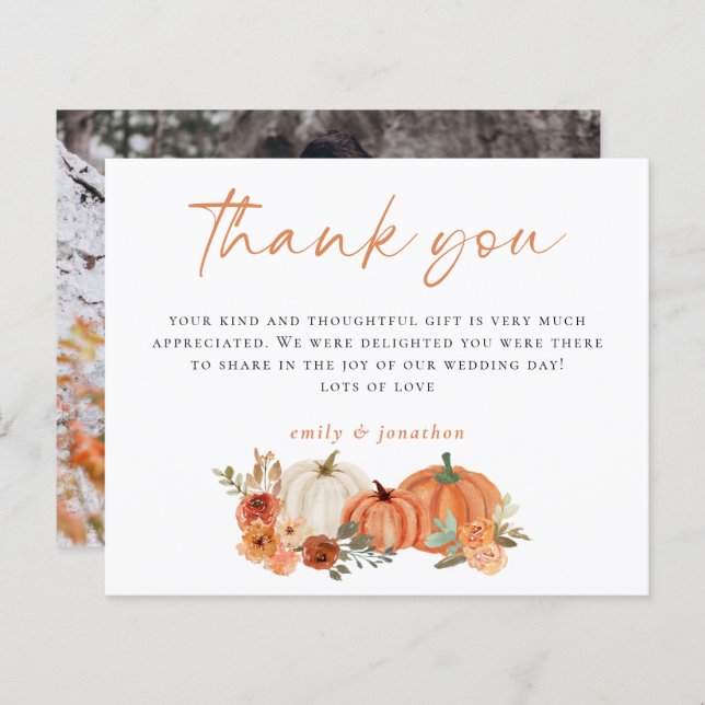 Budget Autumn Pumpkins Photo Wedding Thank You (Front/Back)