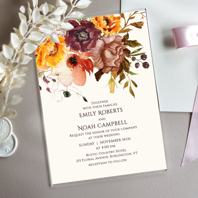 Budget Autumn Rustic Plum Orange Floral Wedding Acrylic Invitations (Creator Uploaded)