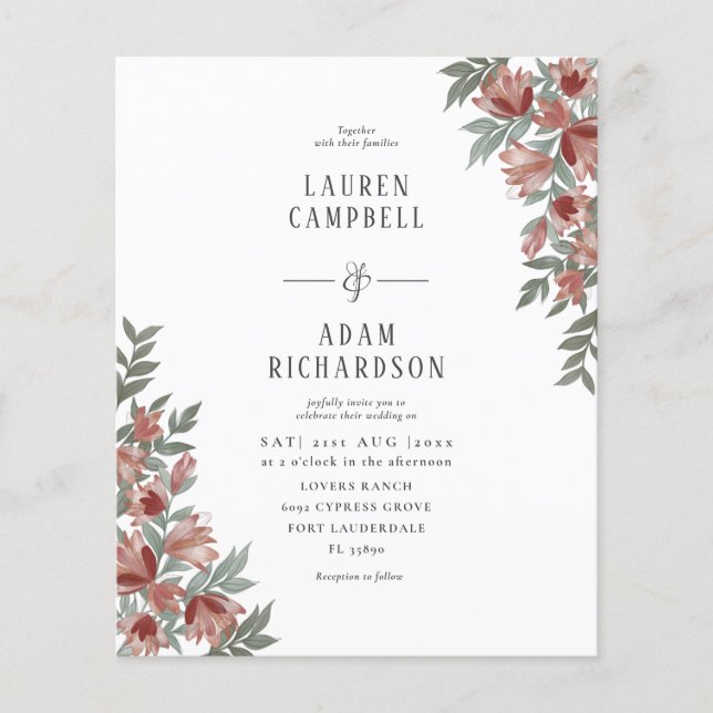 Budget Autumn Terracotta Floral Wedding Invitation (Front)