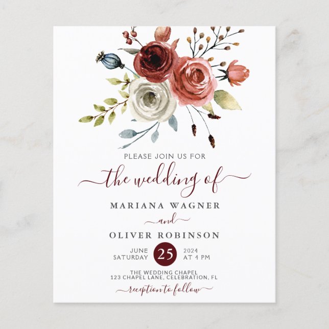 Budget Autumn Watercolor Floral Wedding Invitation Flyer (Front)