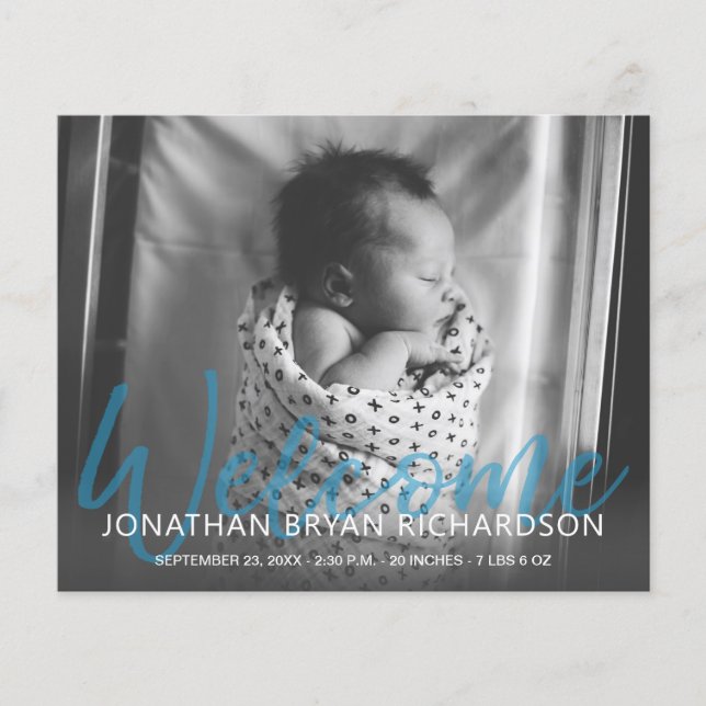 Budget B&W Blue Mul Photo Birth Announce Flyer (Front)