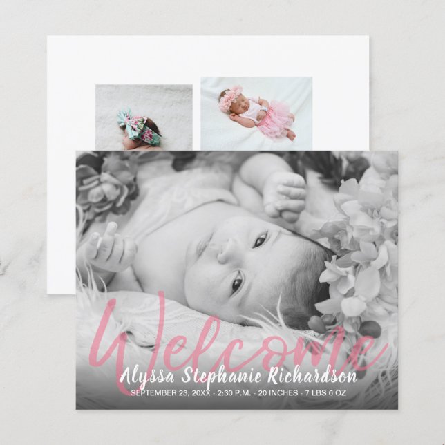 Budget B&W Pink Welcome Photo Baby Announcement (Front/Back)