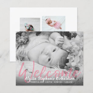 Budget B&W Pink Welcome Photo Baby Announcement