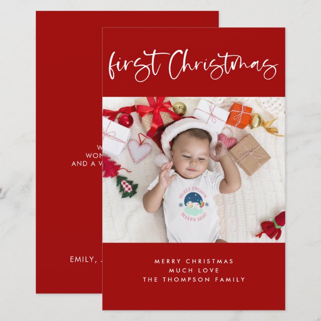 Budget Baby 1st Christmas Holiday Photo Flat Card (Front/Back)