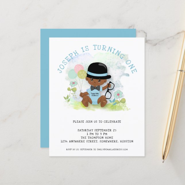 Budget Baby Boy First Birthday Party Invitation (Front/Back In Situ)