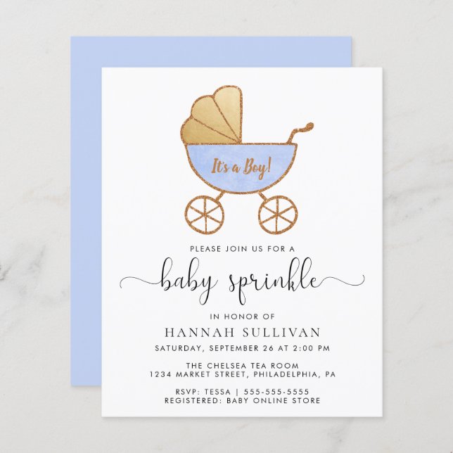 Budget Baby Boy Sprinkle Blue Carriage  Invite (Front/Back)