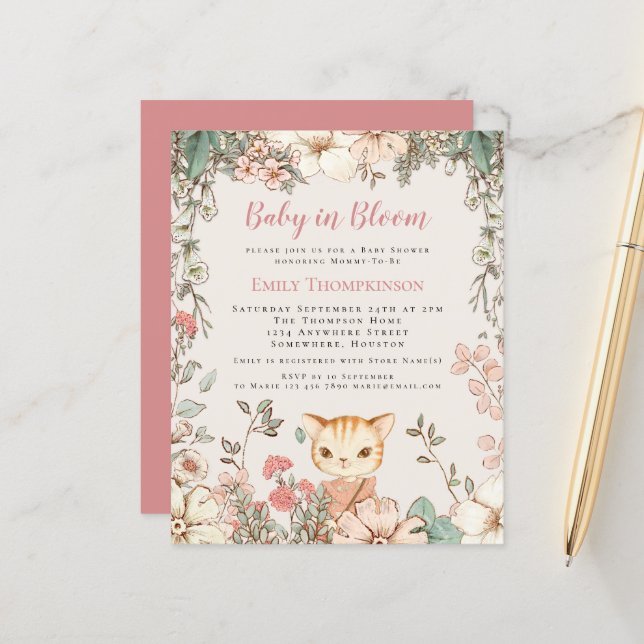 Budget Baby In Bloom Cat Girl Baby Shower Invite (Front/Back In Situ)