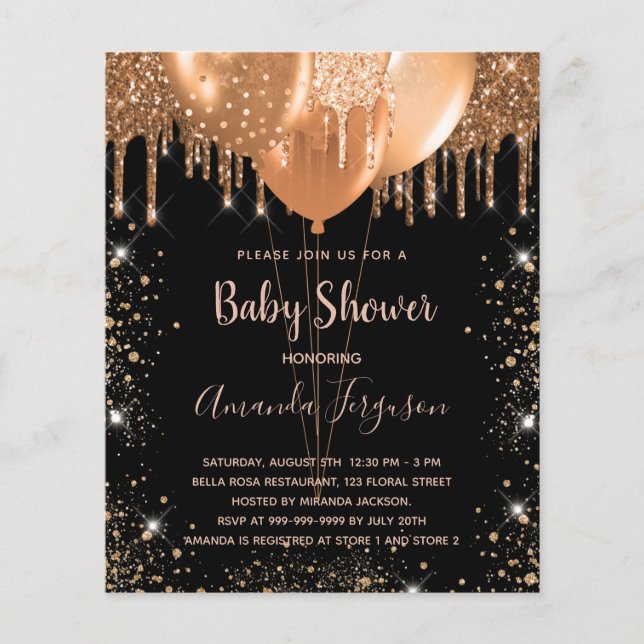 Budget baby shower black gold glitter invitation (Front)